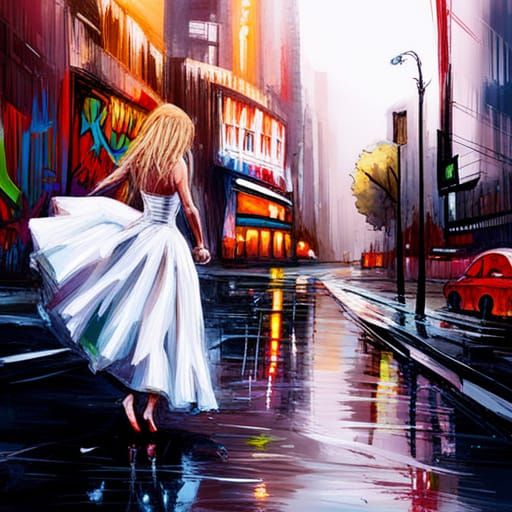 Woman Dancing in Rain: Graffiti Splash Art