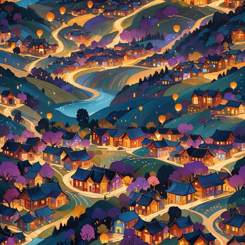Serene Valley Village with Lanterns in Abstract Style