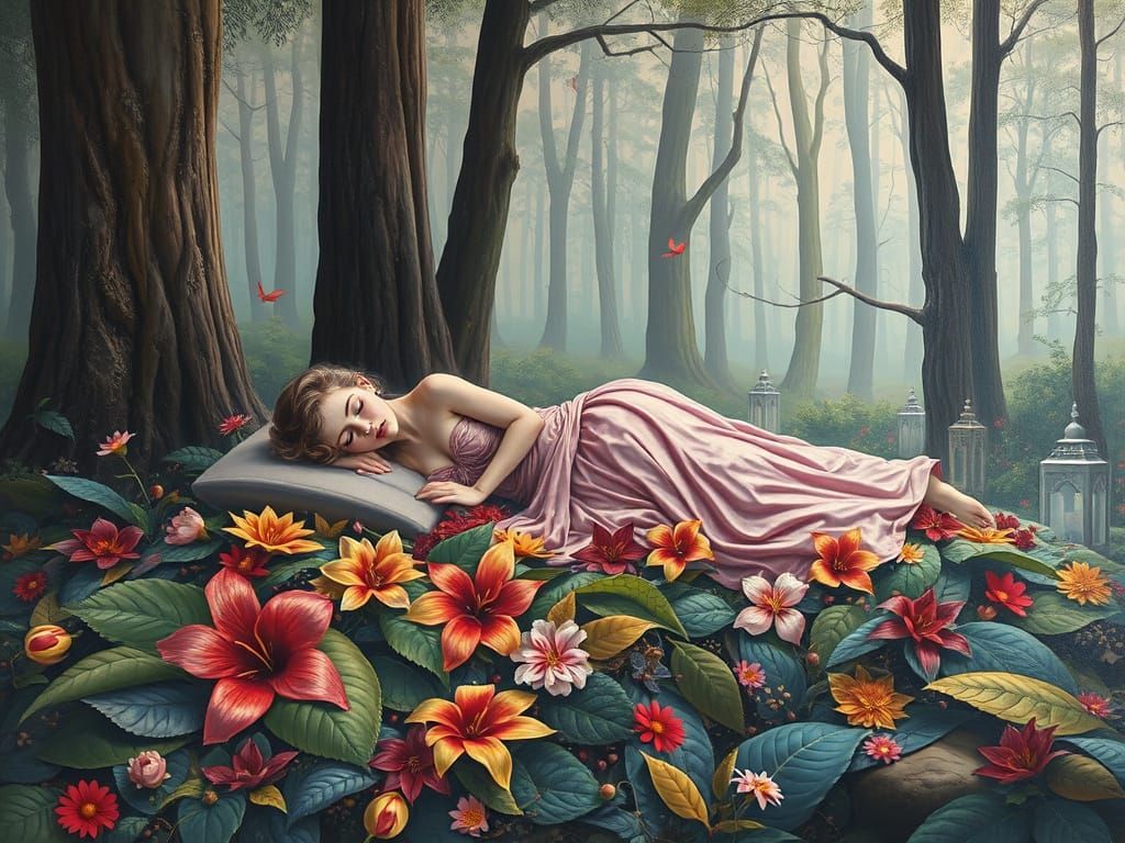 Sleeping Beauty in a Surrealist Forest Landscape
