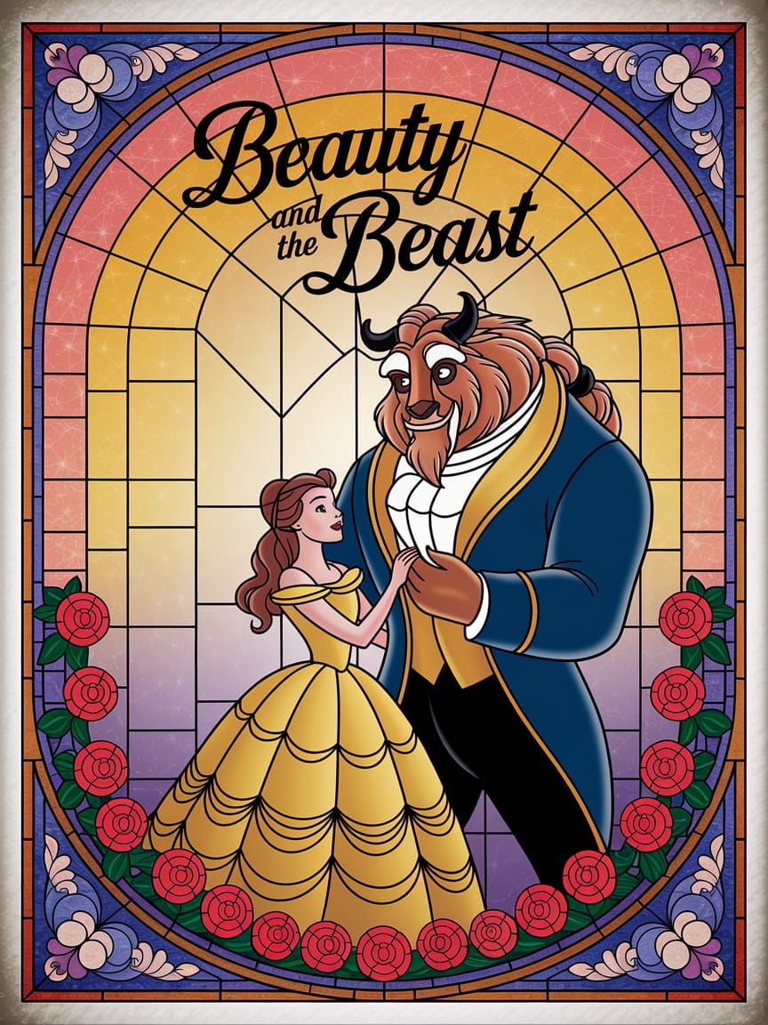 Vintage Beauty and the Beast Movie Poster in 1950s Style wit...