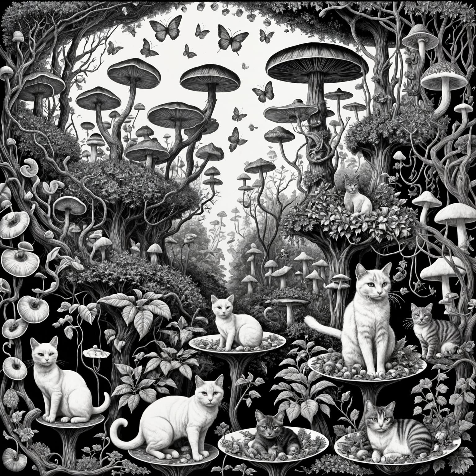 Intricate Black Ink Cats and Mushroom Forest