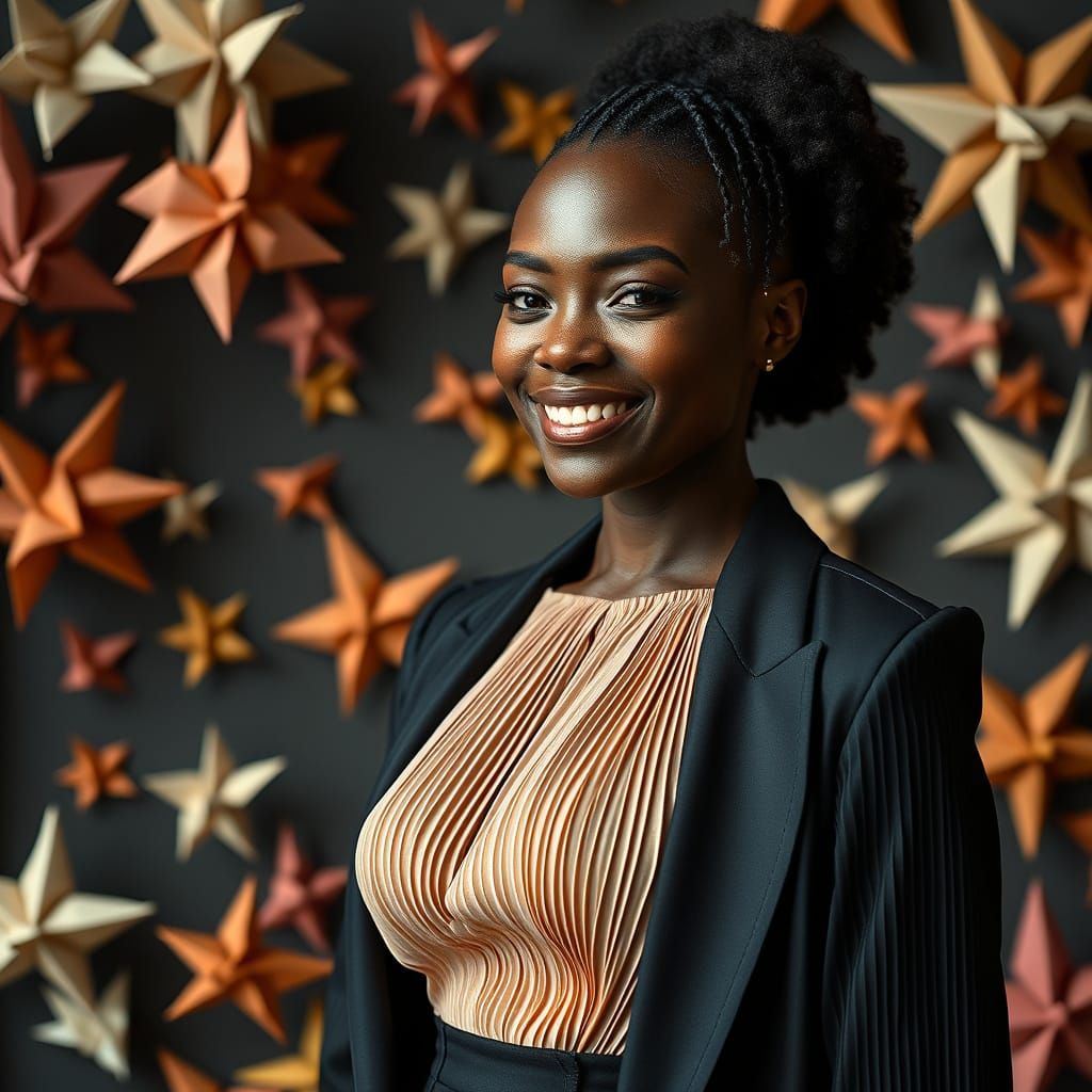Smiling Woman in Issey Miyake Style with Origami