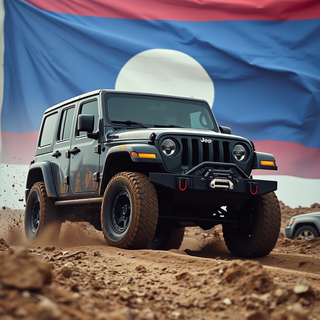 Black Jeep Wrangler on Muddy Offroad Trail with Flag