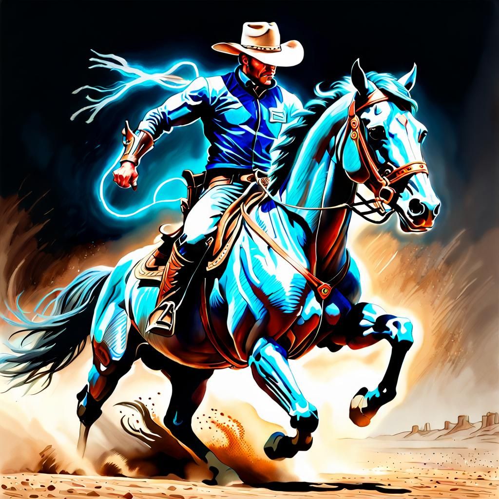 a cyborg cowboy riding a cyborg horse