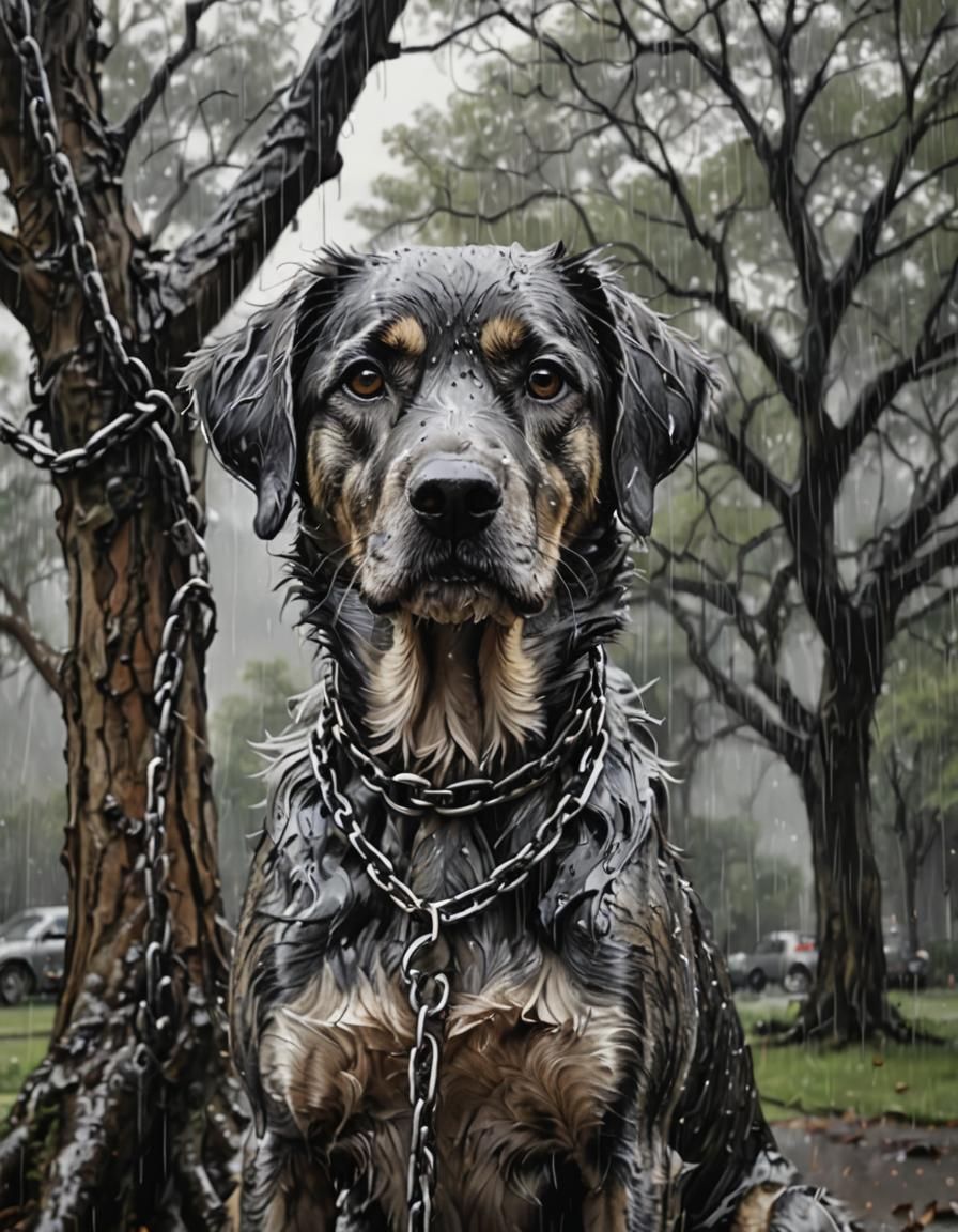 Sad Senior Dog in Rain: Ink and Charcoal