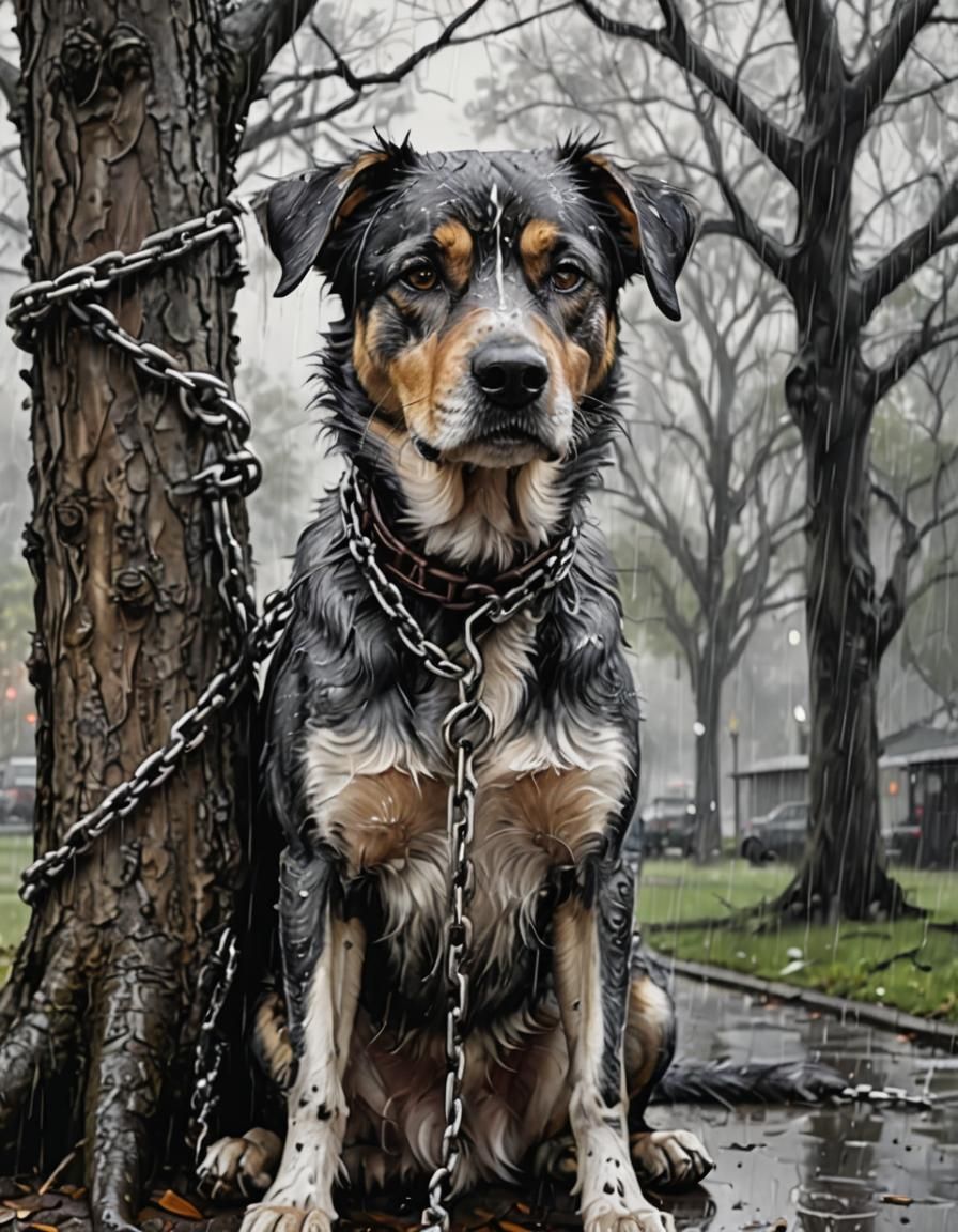 Sad Senior Dog in Rain: Hyperdetailed Charcoal Drawing