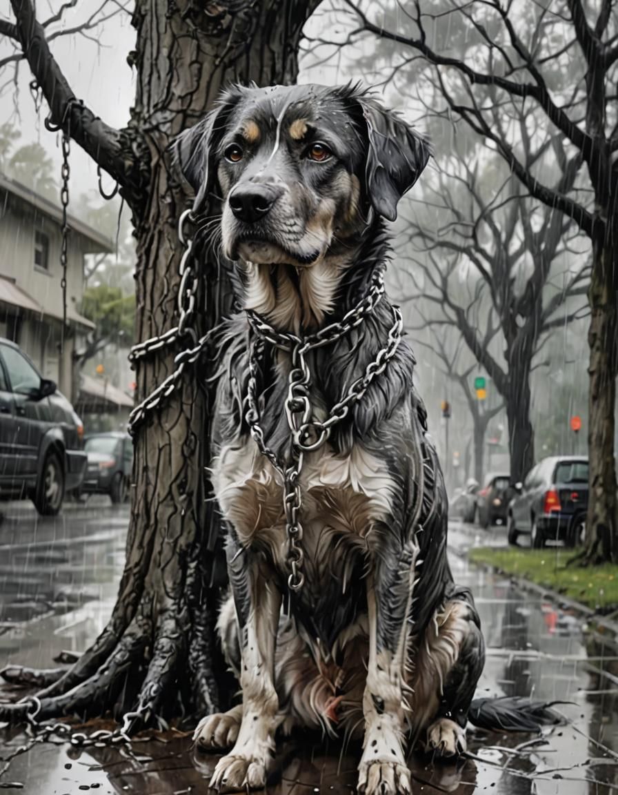 Sad Senior Dog in Rain: Charcoal and Ink