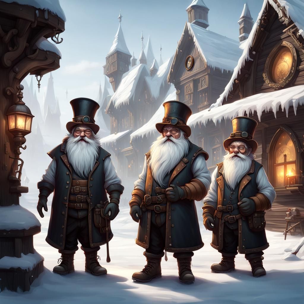Steampunk gothic little dwarfs in winter wonderland