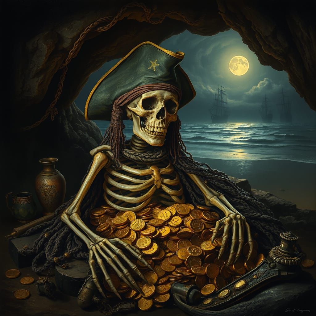 Mysterious Pirate Skeleton Surrounded by Glinting Treasure i...