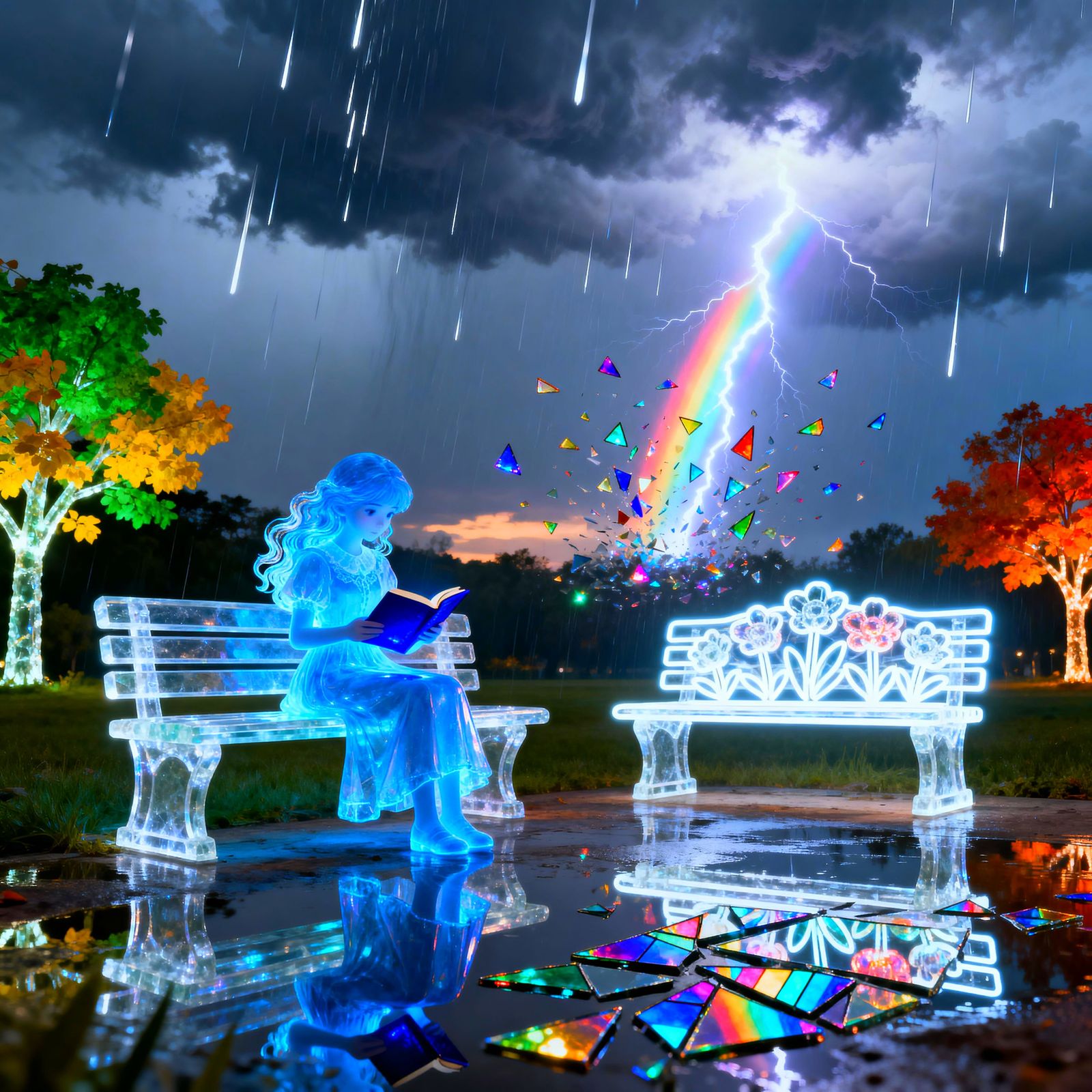 Glass Fantasy Girl With Glowing Book and Rainbow Lightning