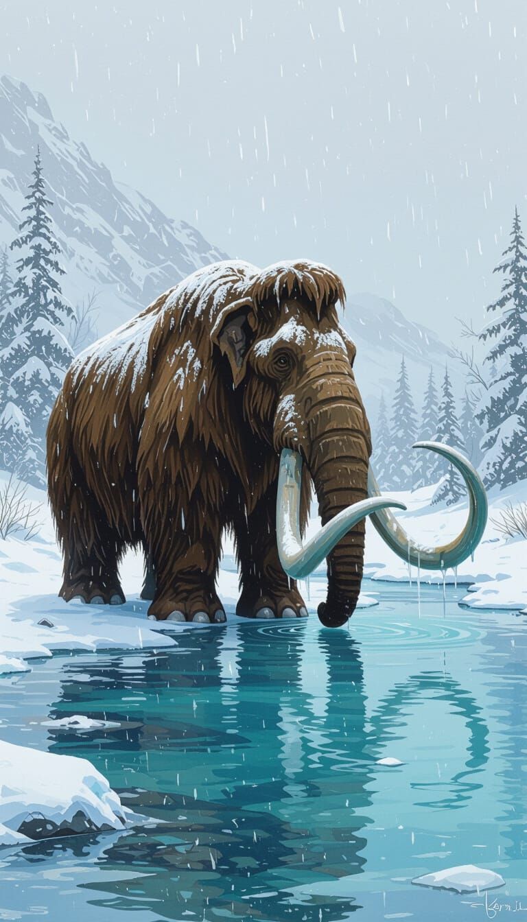 Woolly Mammoth Drinks from Frozen River, in Sci-Fi Style