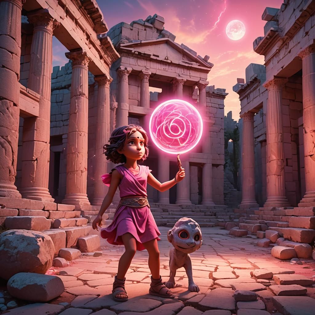 Neon Aura Stone Girl in Ancient Ruins