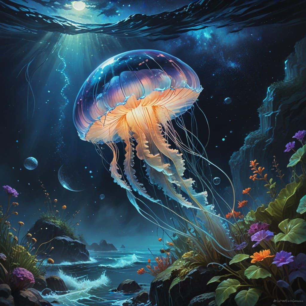 Bioluminescent Jellyfish in the Ocean Night as Impasto Paint...