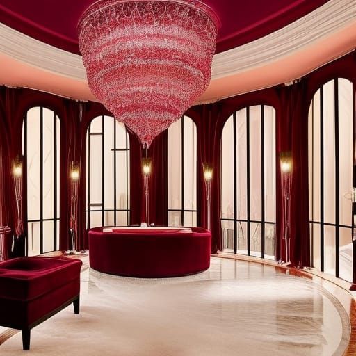Luxurious romantic penthouse with Rose gold walls with Burgundy red accents& Burgundy red furniture& Rose gold tables& B...