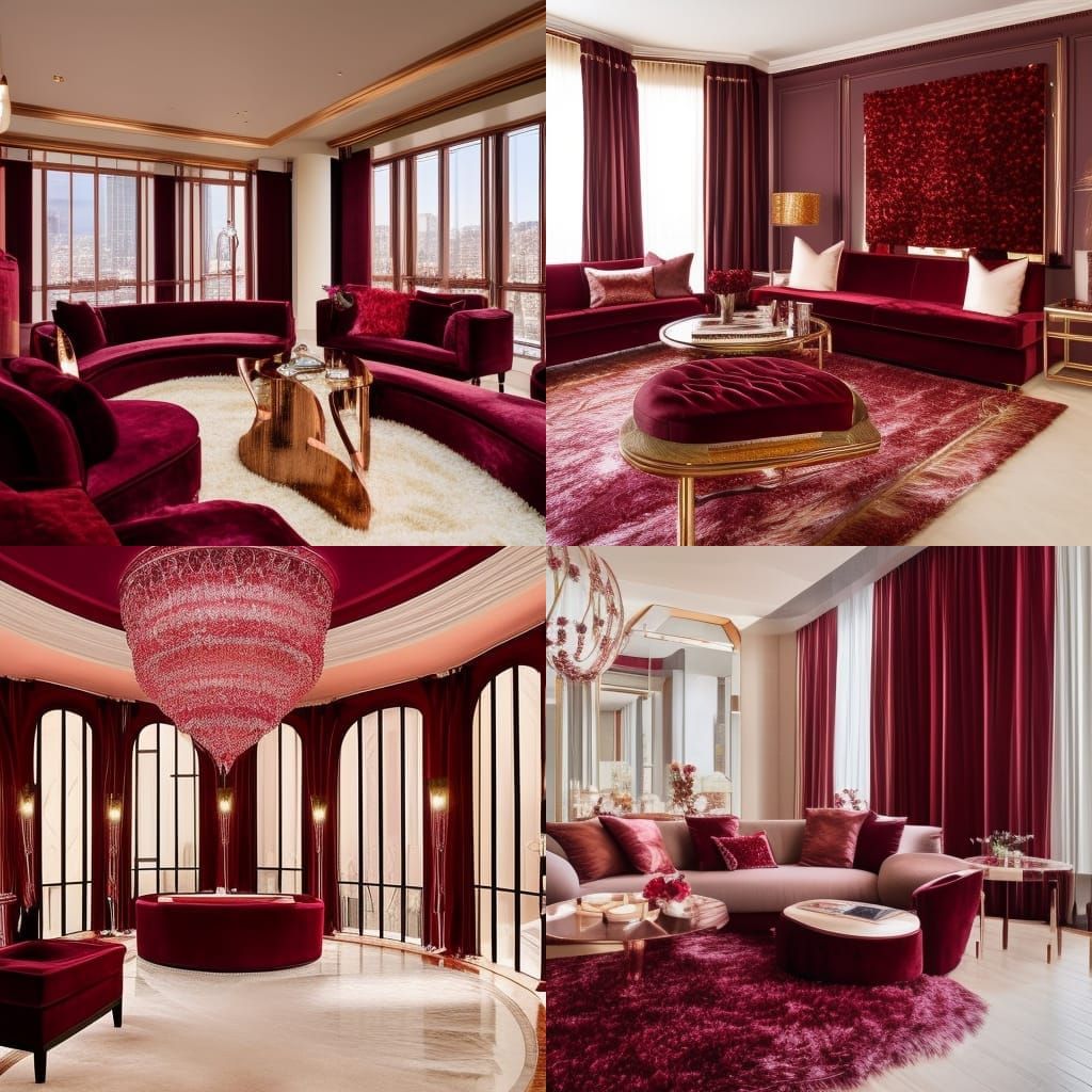 Luxurious romantic penthouse with Rose gold walls with Burgundy red accents& Burgundy red furniture& Rose gold tables& B...