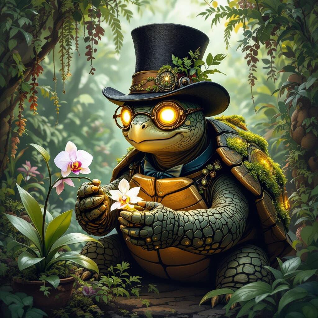 Wise Turtle Tending an Orchid in Dark Fantasy Style