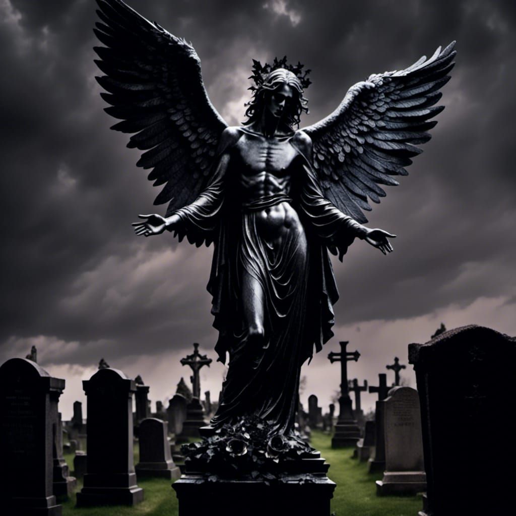 Dramatic Black Angel Statue in Cemetery at Night