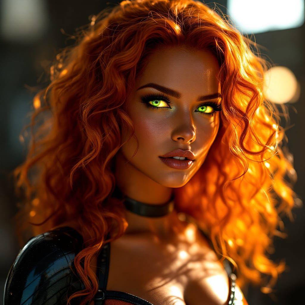 Photorealistic Starfire DC Character with Glowing Green Eyes