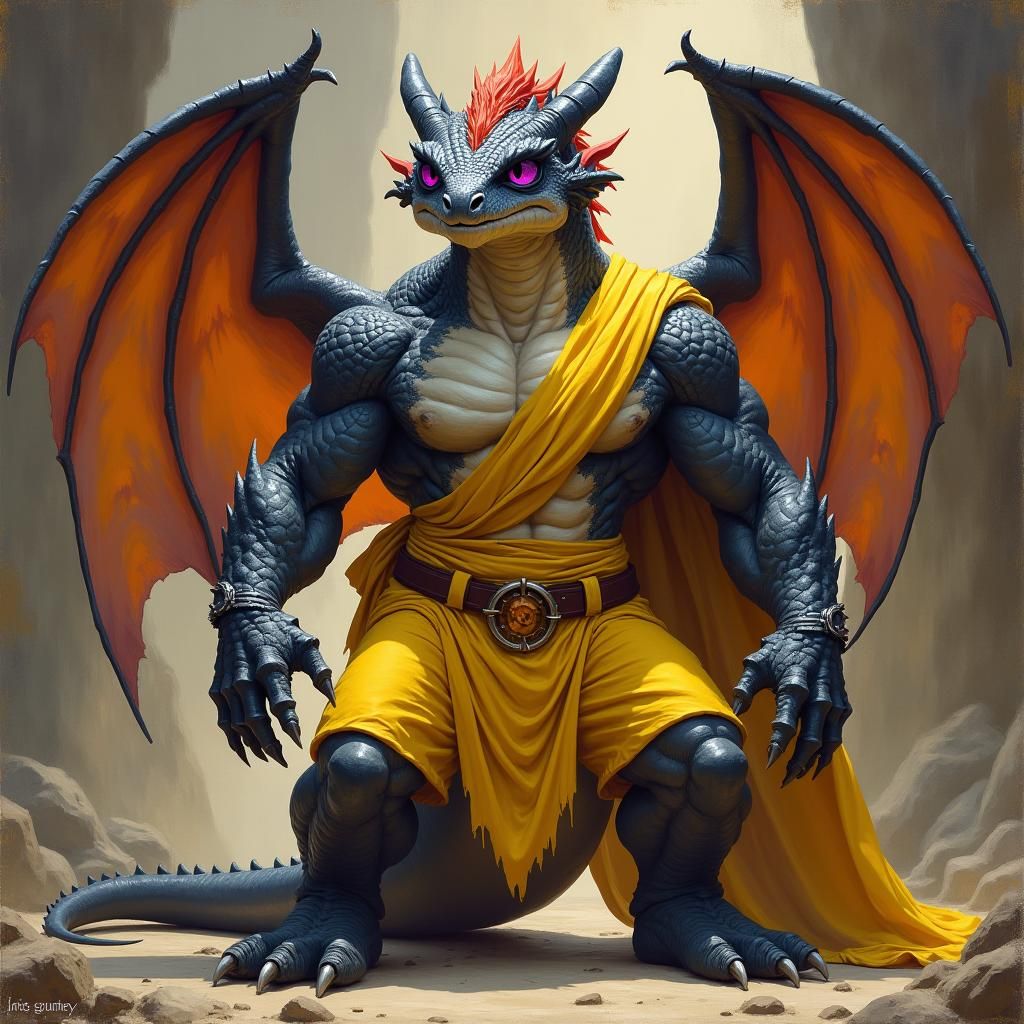 This lonely male dragonling has deep-set, slit-pupiled, viol...