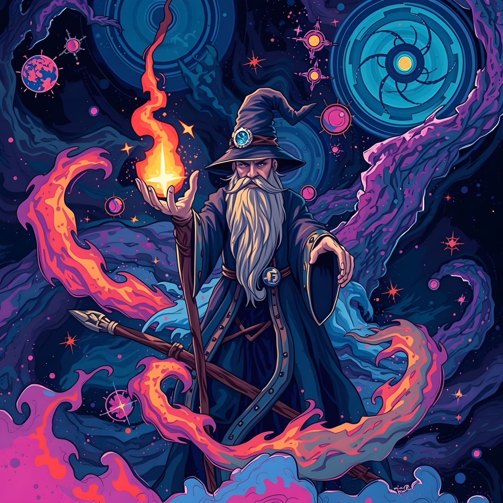 Cosmic Wizard in Vibrant Pixel Art Style
