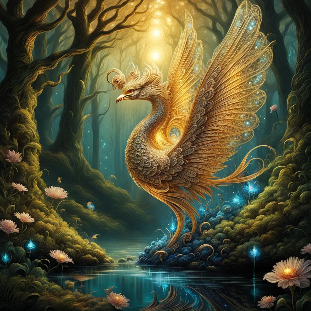 Filigree Crystal Phoenix in Magical Forest