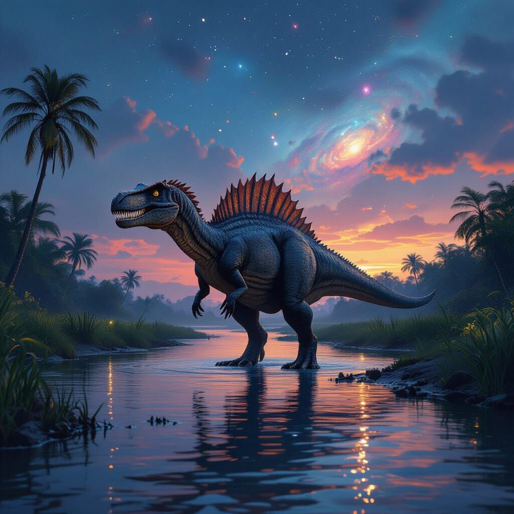 Majestic Spinosaurus in Prehistoric River at Twilight