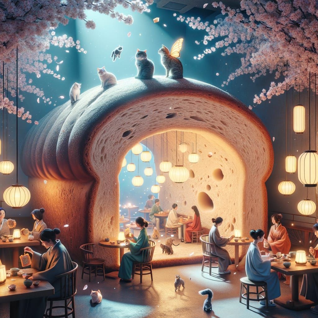 Whimsical Cat Cafe Inside a Bread Loaf