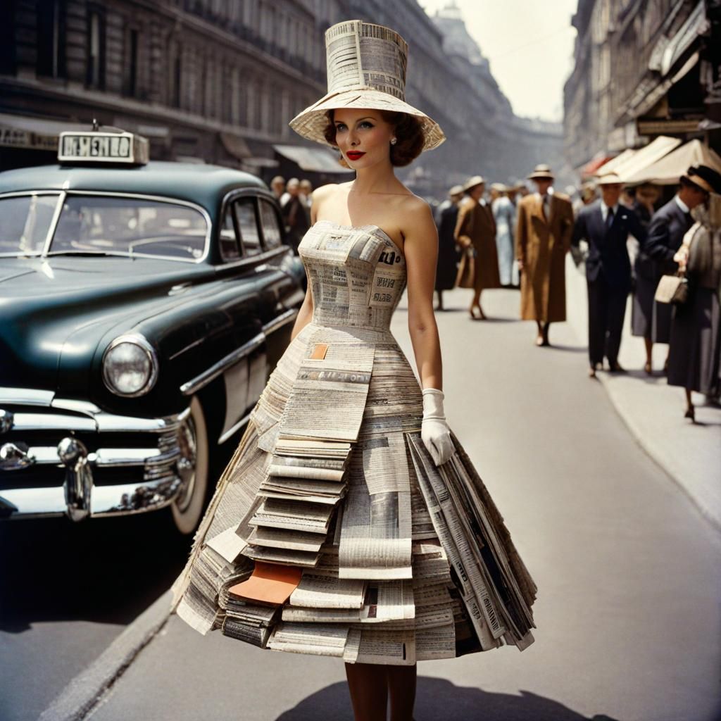 Woman Wearing Dress Made from Recycled Newspaper, 1950s Phot...