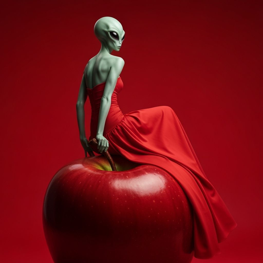 Alien in Red Gown on Apple, High-Fashion Photography