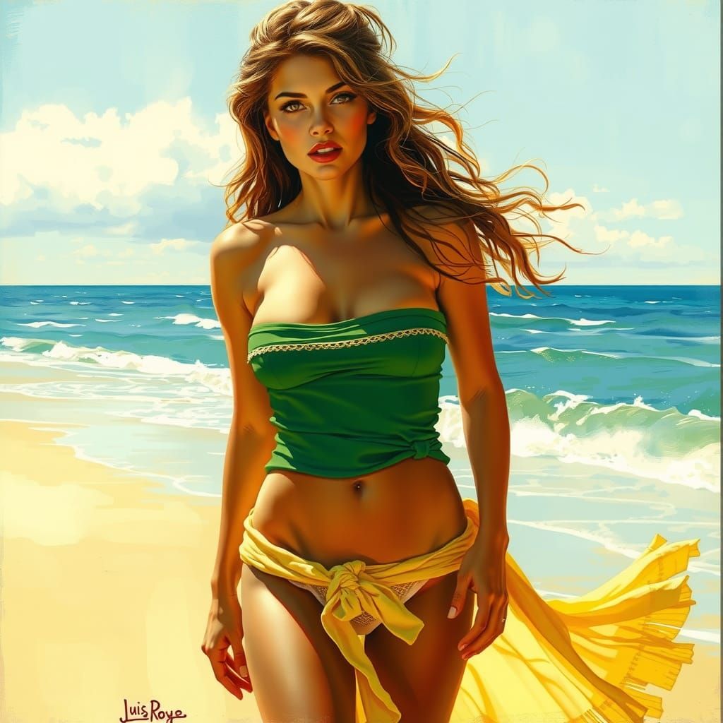 Beautiful Woman on Beach Painting in Royo Style
