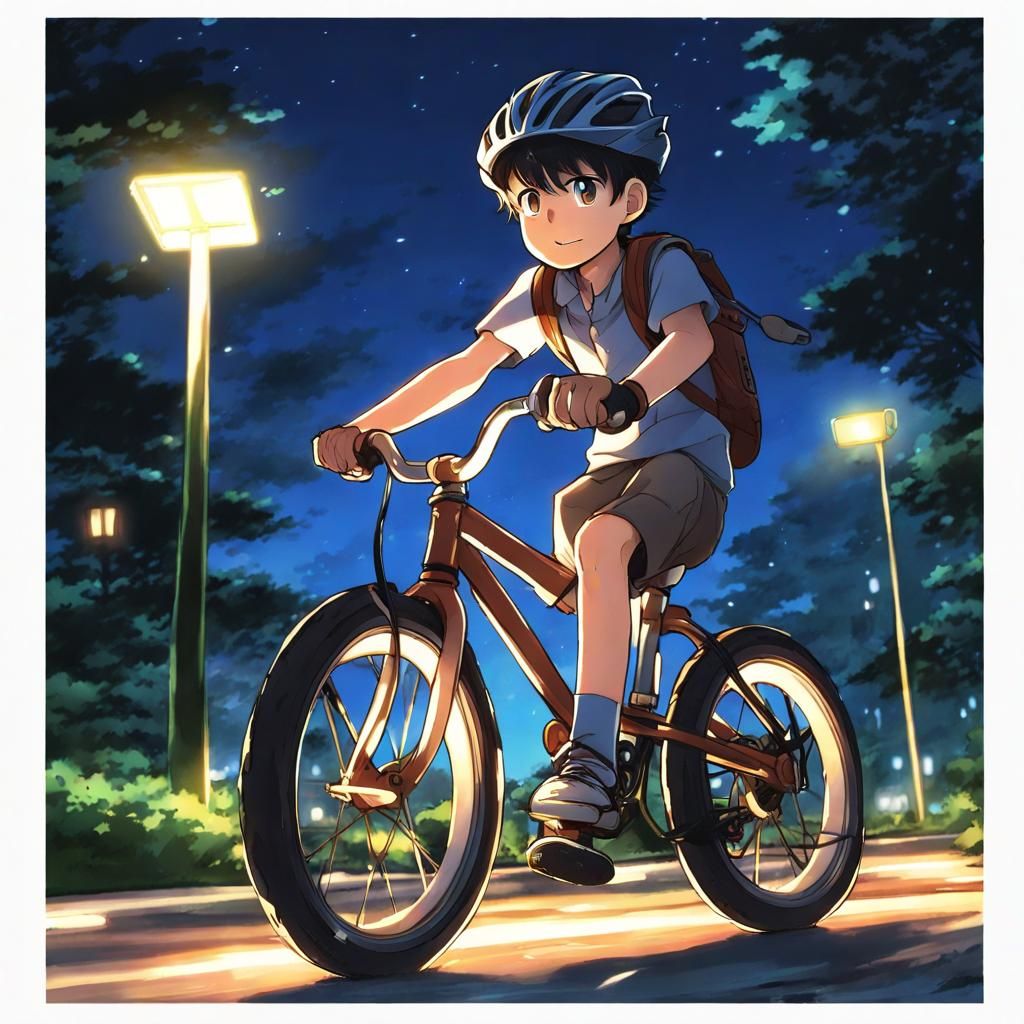 Boy Rides Bike at Night in Anime Style