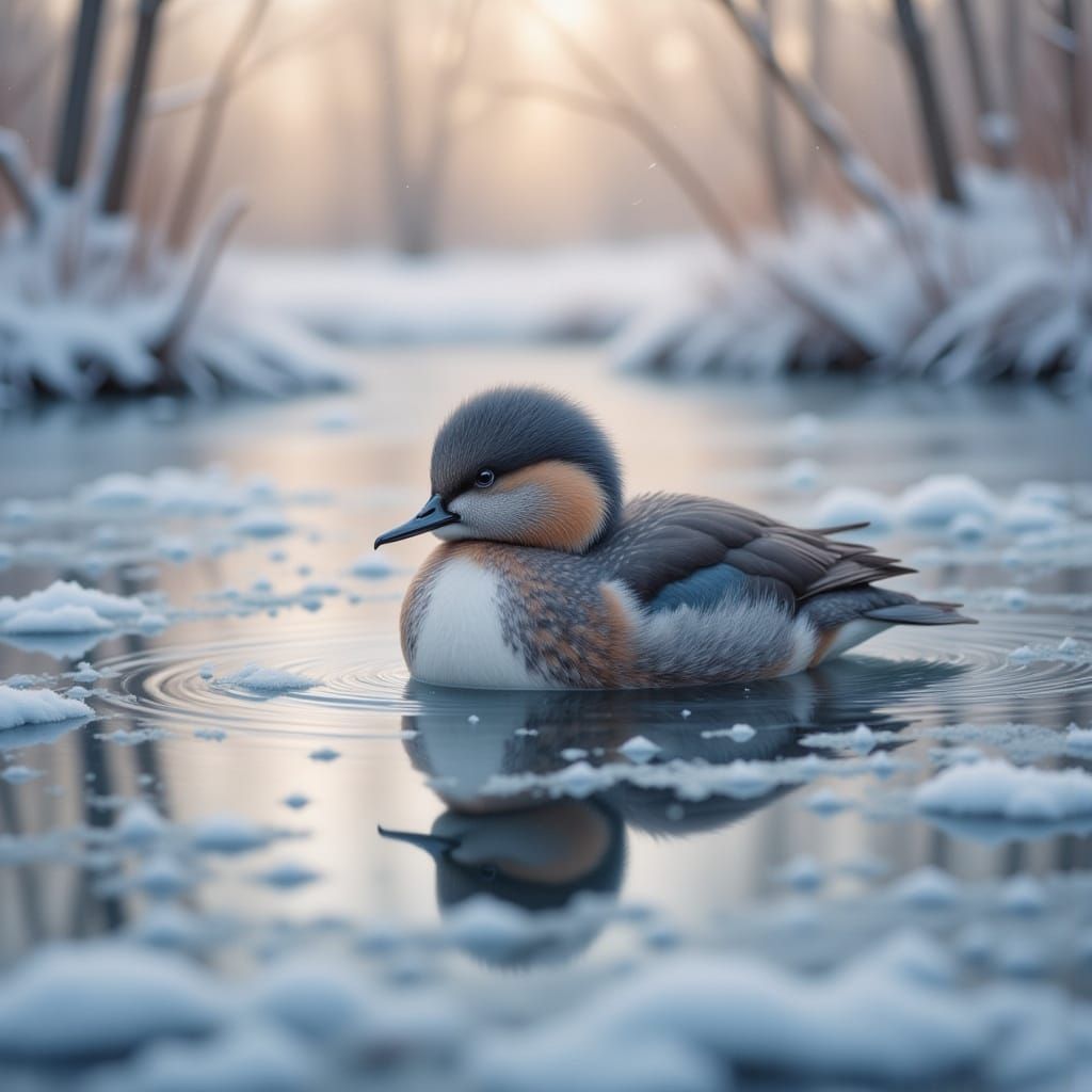 Bird Glides on Mirror Lake in Snowscape