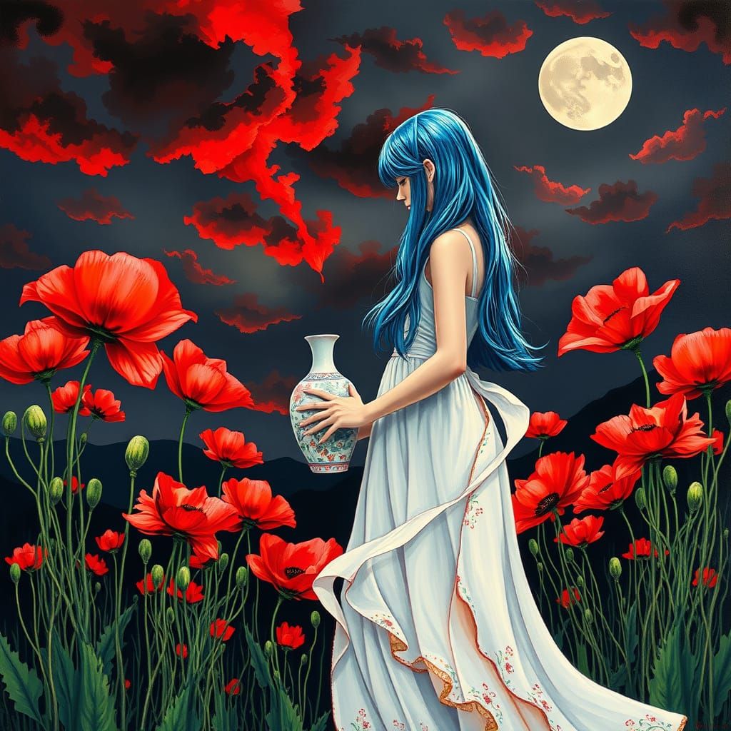 Girl with Ming Vase in Poppy Field, Hyperrealism