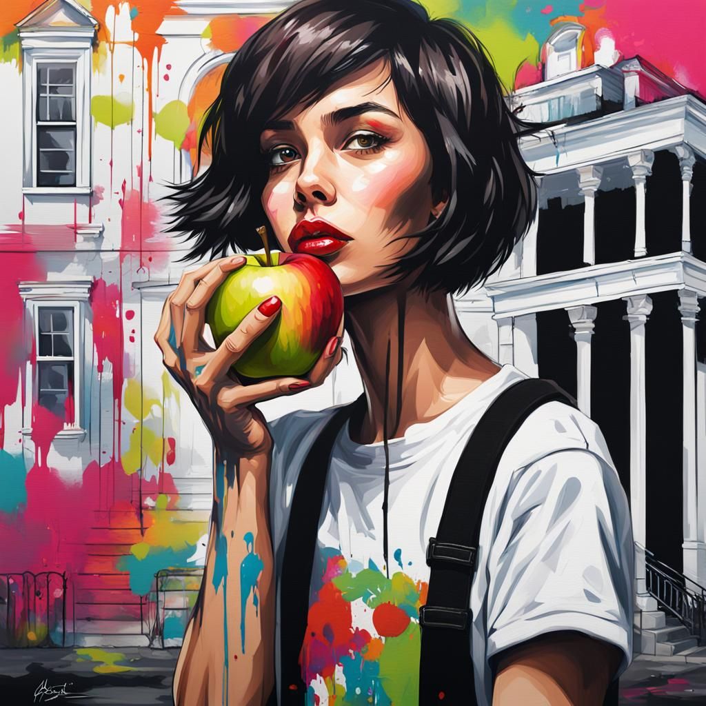 Brunette with Apple in Graffiti Street Art