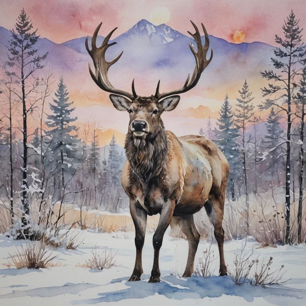 Moose in Winter Landscape at Sunset
