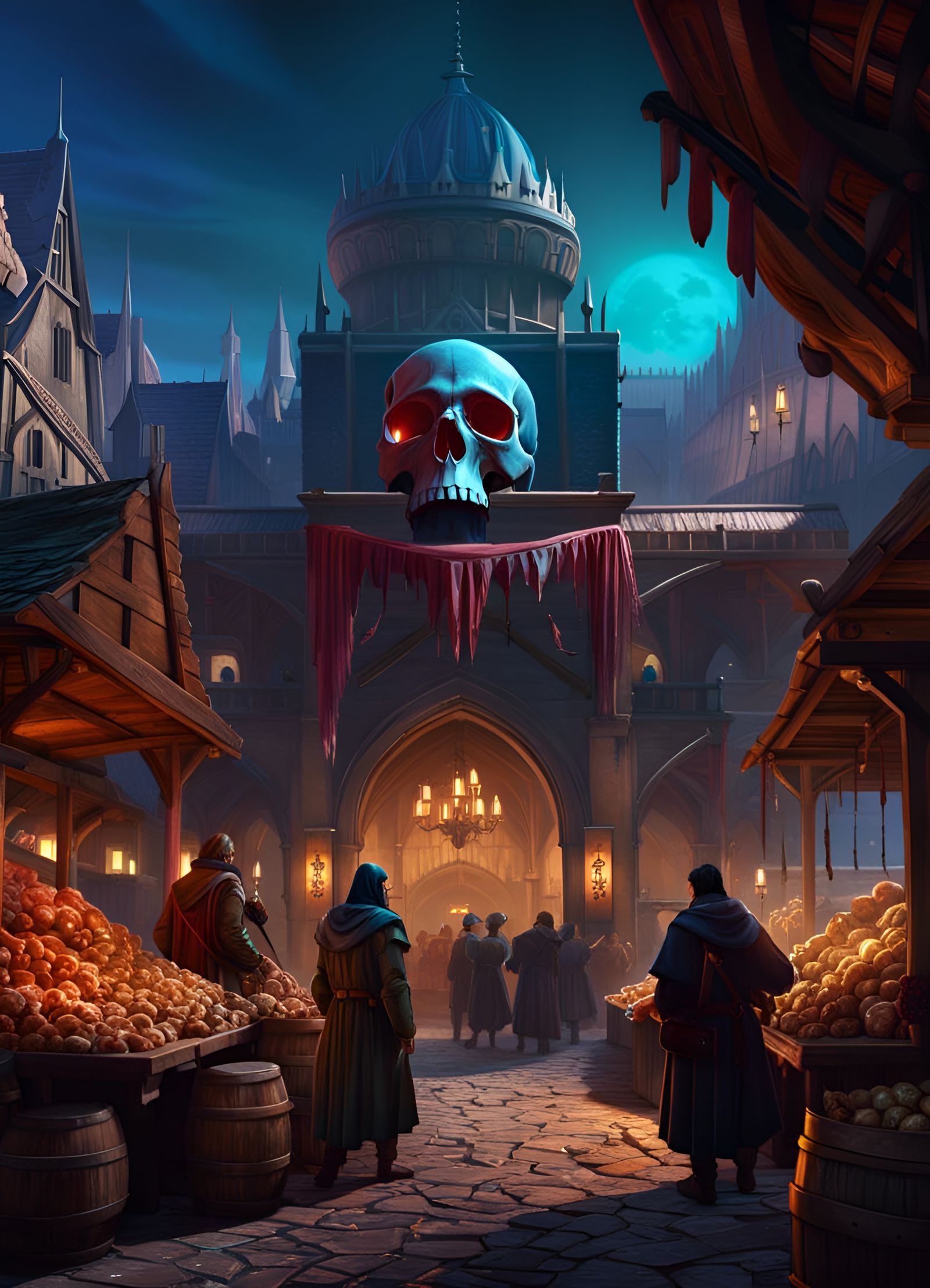 Medieval Marketplace with Skull in Bioluminescent Style