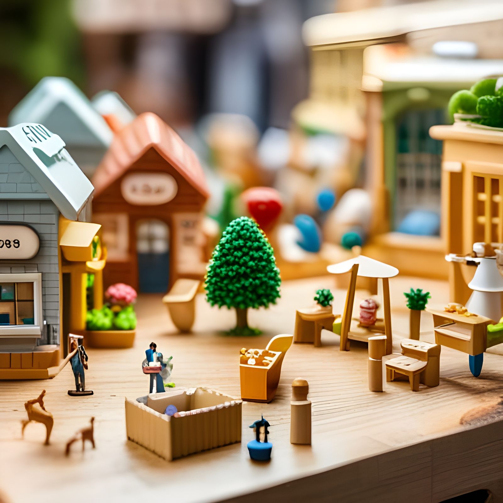 Toy Animal Figurines in Miniature Town Scene