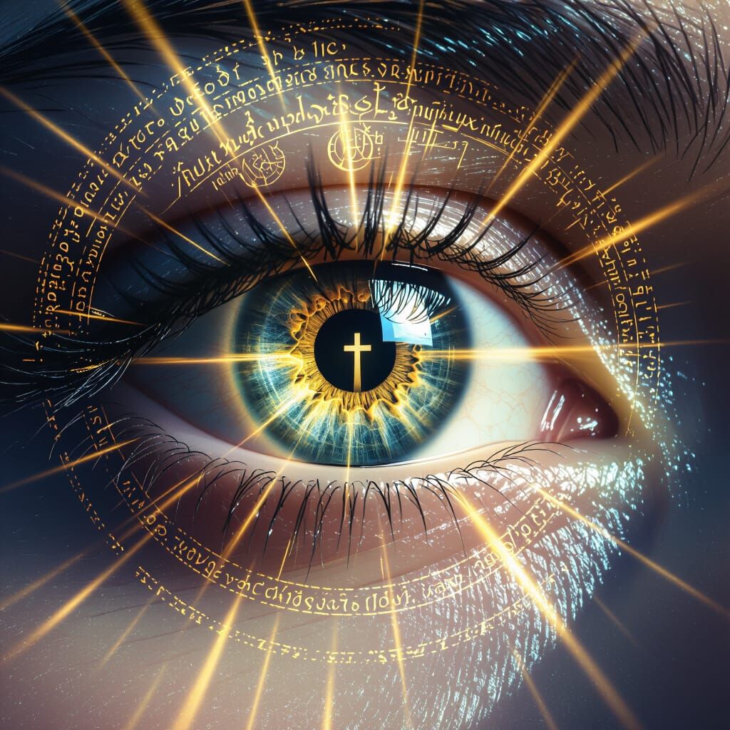 A dramatic close-up of a human eye opening with divine golden light rays breaking through darkness, symbolizing spiritual awakening and the prophetic vision of Isaiah 42 - opening blind eyes to see the signs all around us