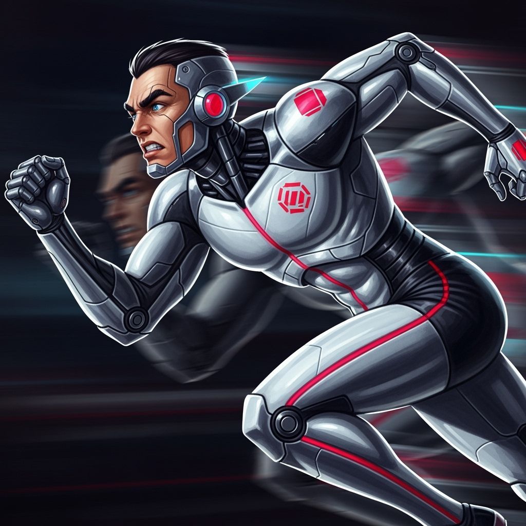 Cybernetic Athlete Sprints Towards Horizon in Futuristic Sty...