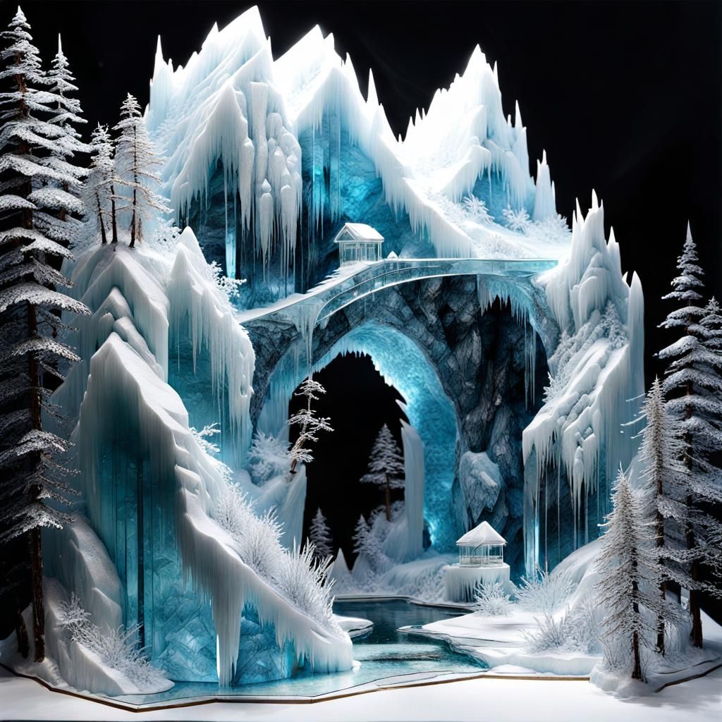 Crystal Ice Mountain Sculpture in Watercolor Style