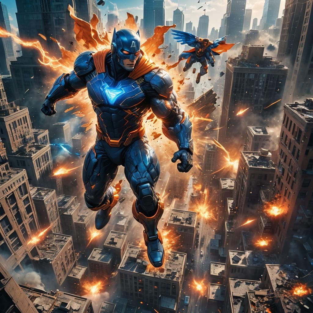 Superhero in Flight Amidst City Explosion