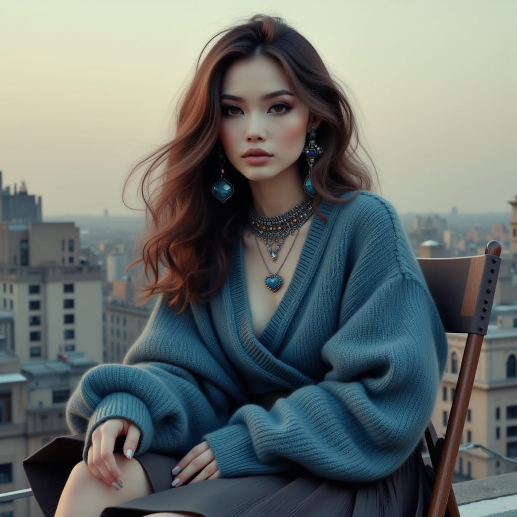 Elegant Young Woman on Rooftop in Soft Anime Style