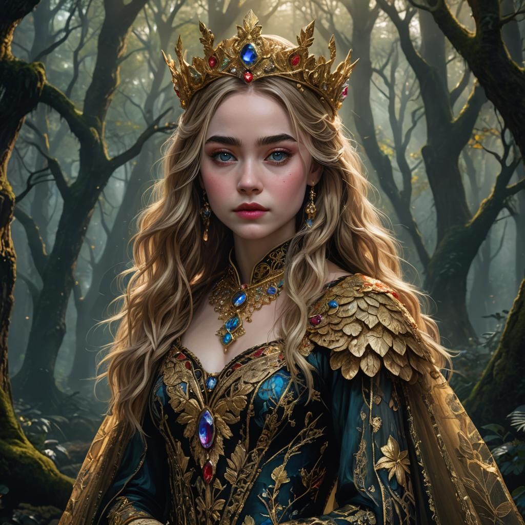 Ornate Portrait of Woman in Forest, Splash Art Style