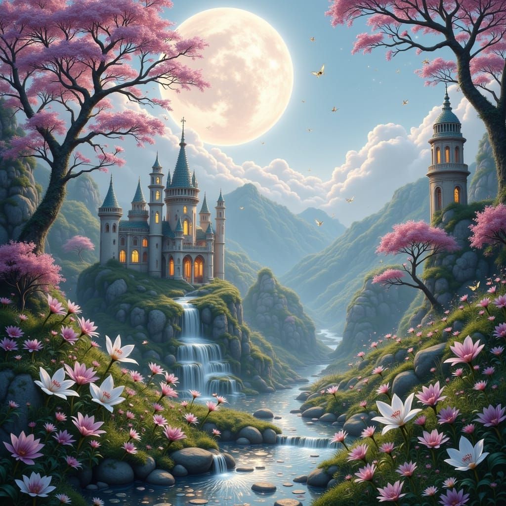 Surreal Landscape of a Flower Fairy Kingdom in Ethereal Ligh...