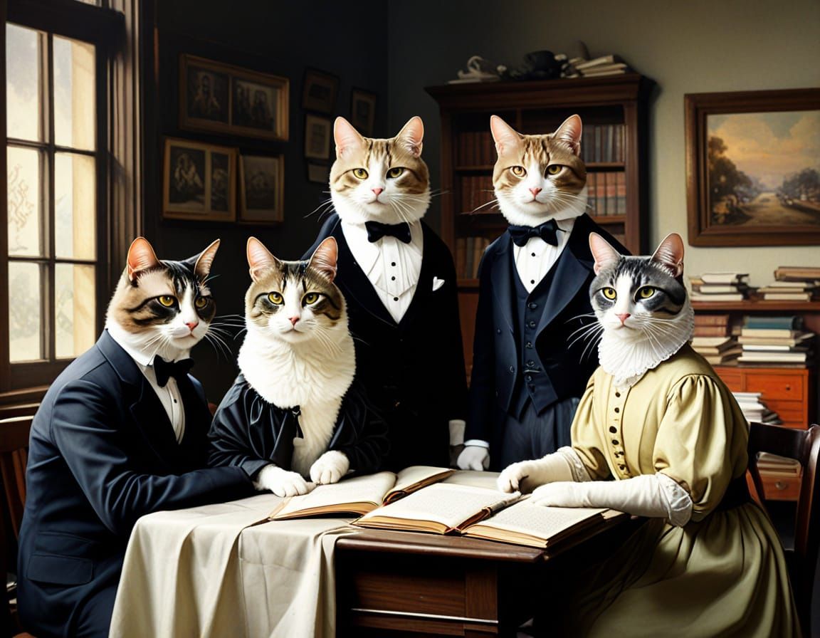 Anthropomorphic Cats in Dark Academia Style Watercolor