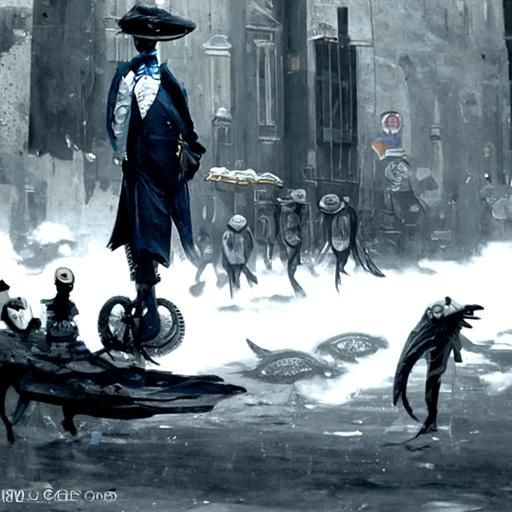 Fish Creature in City Street, Horror Art
