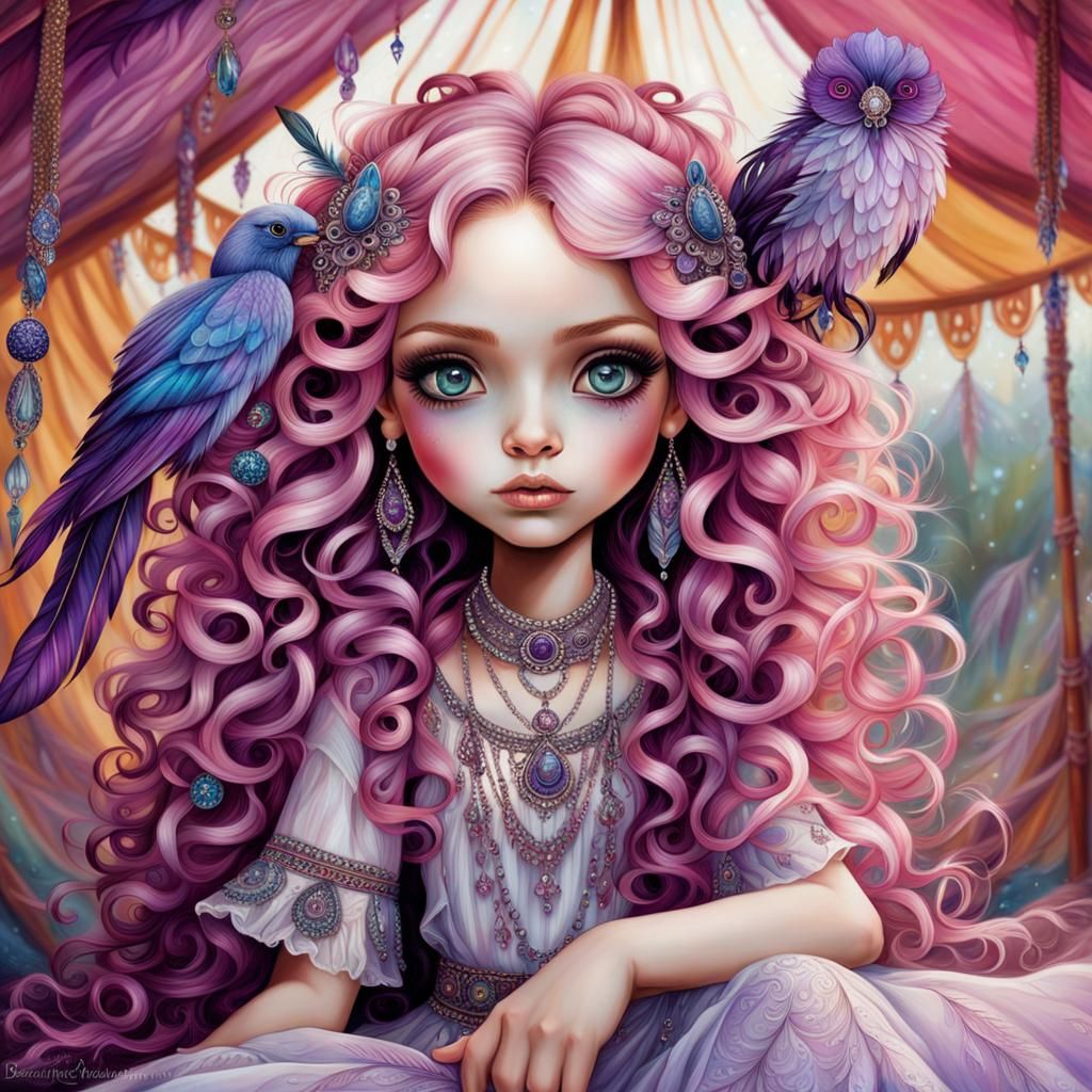 Boho Girl Portrait with Pink Curls and Crystals