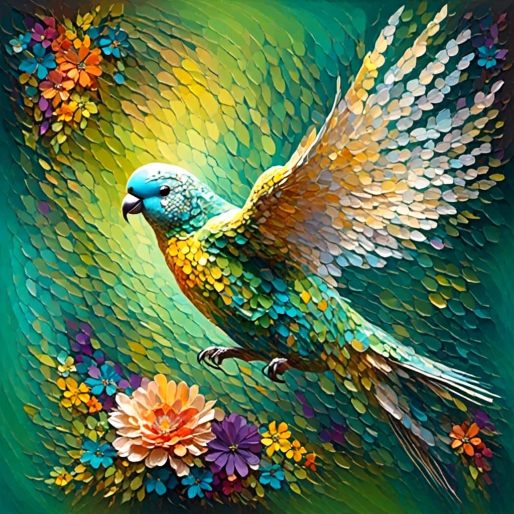 Abstract 3D Budgerigar in a Glittering Floral Scene