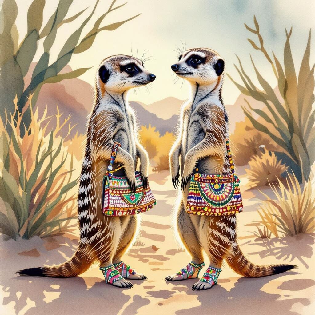 Meerkat in Desert Oasis: Watercolor Art Deco Style