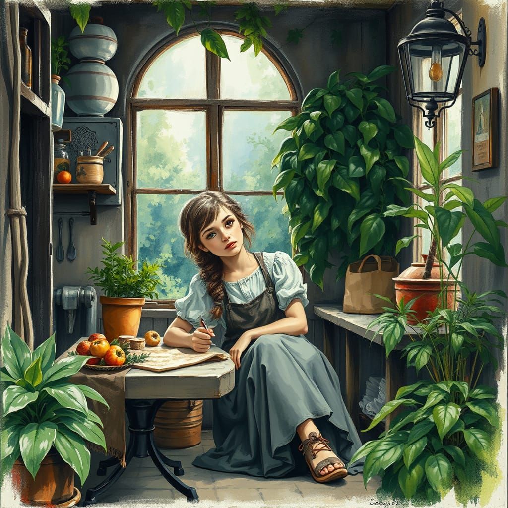 Belle in Rustic Kitchen: Impressionist Charcoal and Gouache